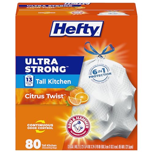 Hefty Ultra Strong 13 Gallon Tall Kitchen Trash Bags, Citrus Twist, 80ct