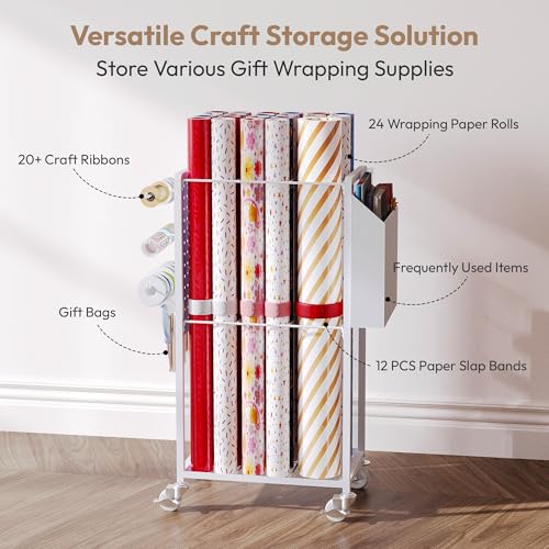 Rolling Wrapping Paper Storage Cart with Ribbon Holder and Slap Bands