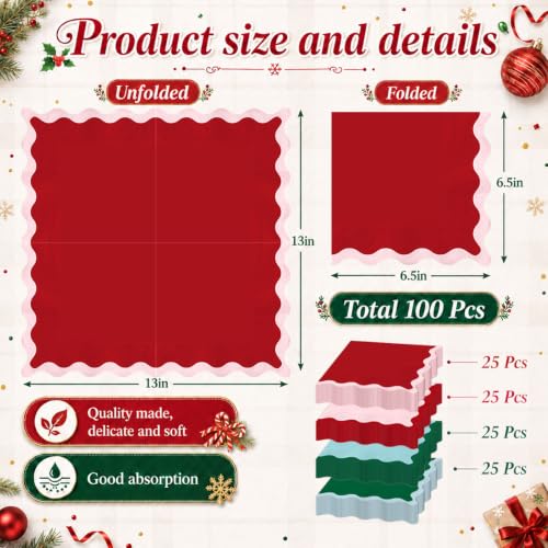 Whaline Christmas 100Pcs Scalloped Paper Napkins - Red, Green, Pink, Blue