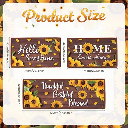 3-Piece Sunflower Kitchen Rug Set - Non-Slip Washable Farmhouse Floor Mats