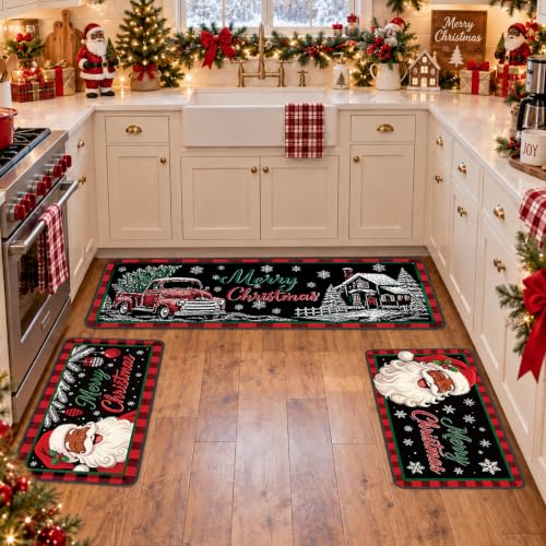 Christmas Kitchen Rugs and Mats Set - African American Santa Variation, 3-Piece Holiday Floor Mat Collection