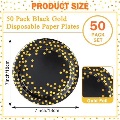 50 Pack Black and Gold Disposable Paper Plates 7 Inch for Parties
