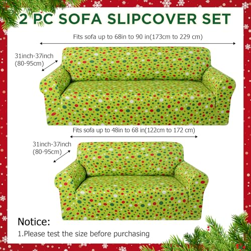 Peryiter 2 Pcs Christmas Sofa Cover Set Lime Green & Red Dots - Stretchable Milk Silk Slipcovers for Couch & Loveseat, Holiday Home Decor