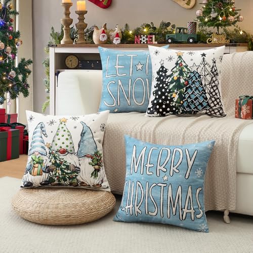 OTOSTAR Merry Christmas Throw Pillow Covers 18x18 in. Light Blue – Set of 4, Xmas Tree Let It Snow Snowflake