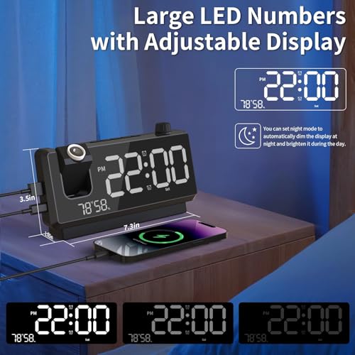 Projection Alarm Clock with Mirror Display, 180° Projector & Dual Alarms