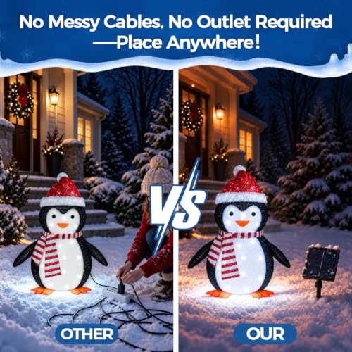 3D Lighted Penguin Christmas Decoration with Solar Panel & Remote, 8 Modes, Brightness Levels, IP44 Outdoor Holiday Yard Decor
