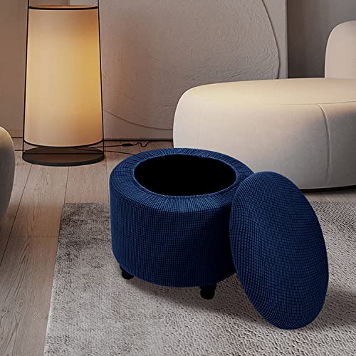 2-Piece Stretch Ottoman Cover with Storage - Removable & Washable Protector (Navy Blue)