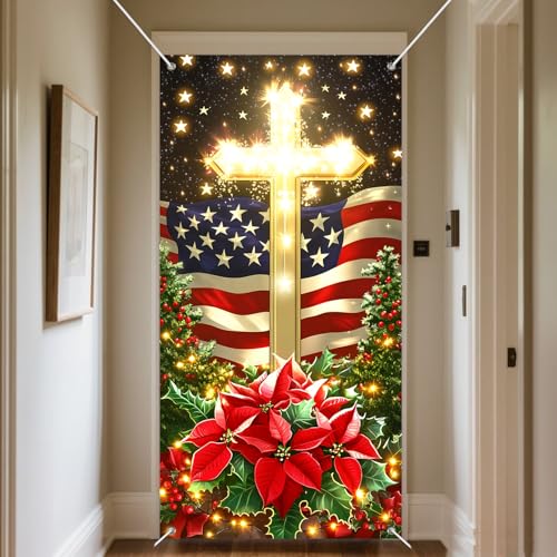IVN Patriotic Cross Door Cover Christmas Flag with Poinsettias and Gold Cross - 35x71 Inch