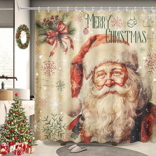 MEHOFOND Vintage Christmas Santa Claus Shower Curtain with Snowflake Design - Waterproof Fabric, 72x72 Inch, Includes 12 Hooks