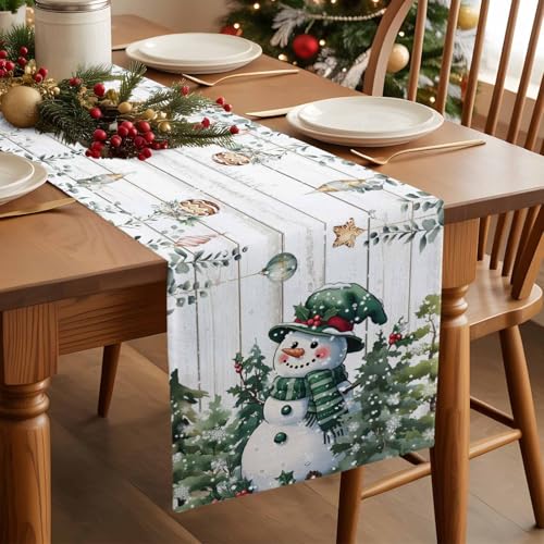 Gray Green Christmas Snowman Table Runner 13x120 Inches Holiday Decor