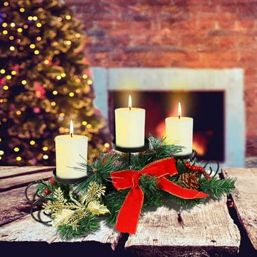 Christmas Candle Holder Centerpiece Table Decor with Berries & Pinecones