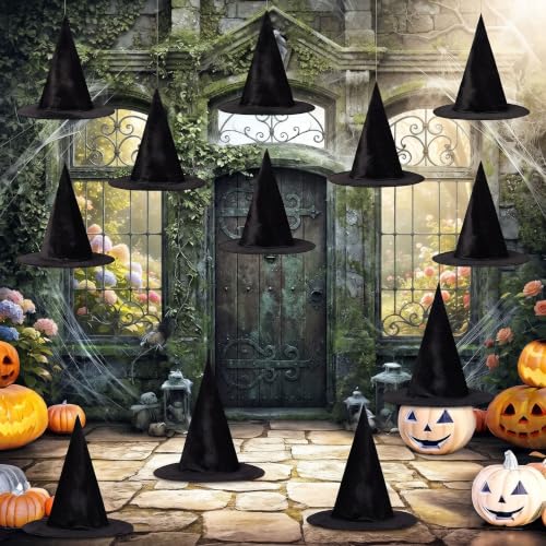 12 Pcs Hanging Witch Hats Set with 98ft Rope for Halloween Party Decor