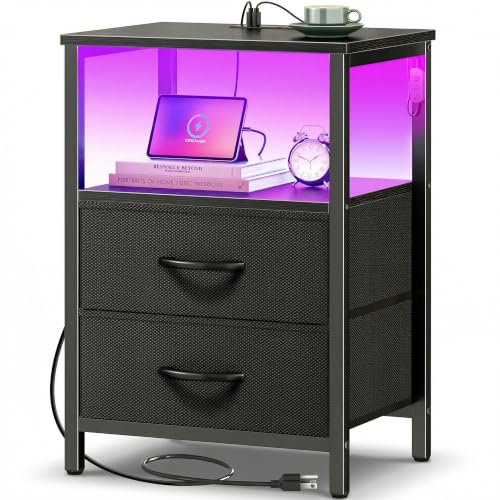 2-Drawer Nightstand with Charging Station and LED Lights, Bedside Table