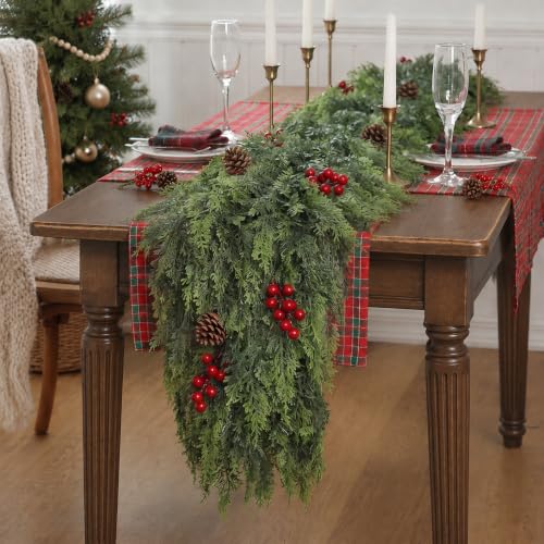 FOTEEWL 2 Pieces 16FT Artificial Cedar Garland for Christmas Decor, Indoor Outdoor