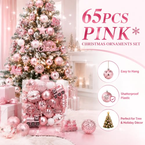 65Pcs Pink Christmas Ornaments Set - Shatterproof Glitter Balls & Lace Bows