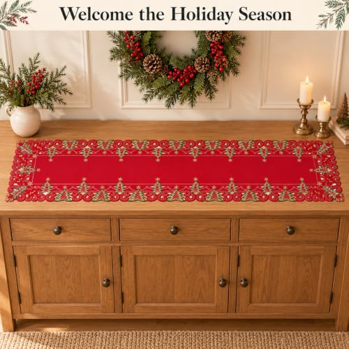 SHANGRLA Embroidered Red Christmas Tree Table Runner 54 in