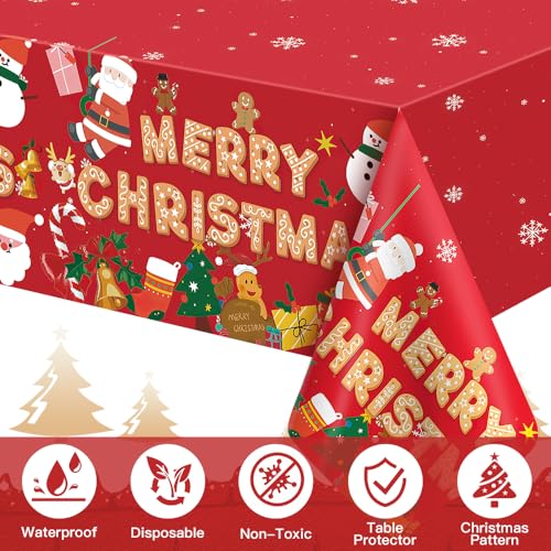 Disposable Red Gold Gingerbread Tablecloth (2 pcs) 54x108 in | Christmas Plastic Table Cover