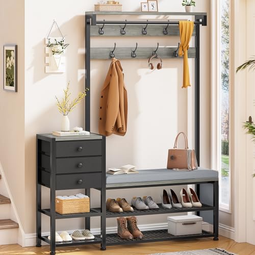Entryway Hall Tree with Bench, Shoe Storage, and Coat Rack with Cushion