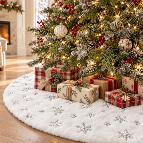 Silver 60 Inch Faux Fur Christmas Tree Skirt with Sequin Snowflakes - White Holiday Decor