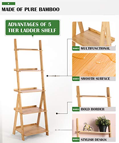 5-Tier Corner Ladder Shelf, Industrial Bamboo Storage Bookcase
