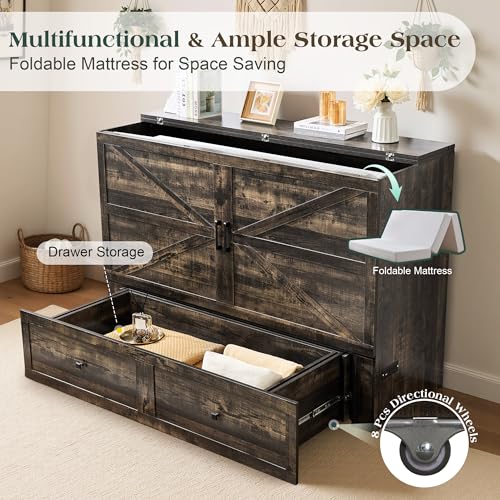 Queen Murphy Bed with Memory Foam Mattress, Storage Drawer & Charging Station