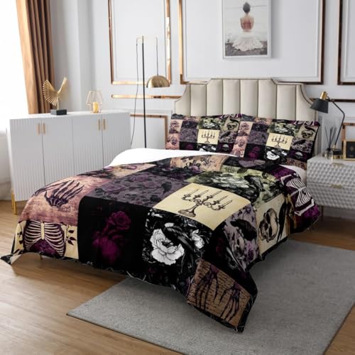 Gothic Crow Queen Bedspread Set, Vintage Skull Floral Quilt Coverlet 3Pcs