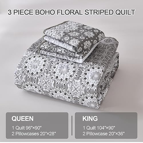 Queen Size Grey Floral Striped Quilt Set - 3 Pieces