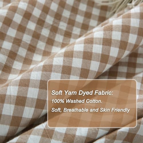 Taupe Plaid Gingham Ruffle Duvet Cover Set - 100% Washed Cotton Queen Size