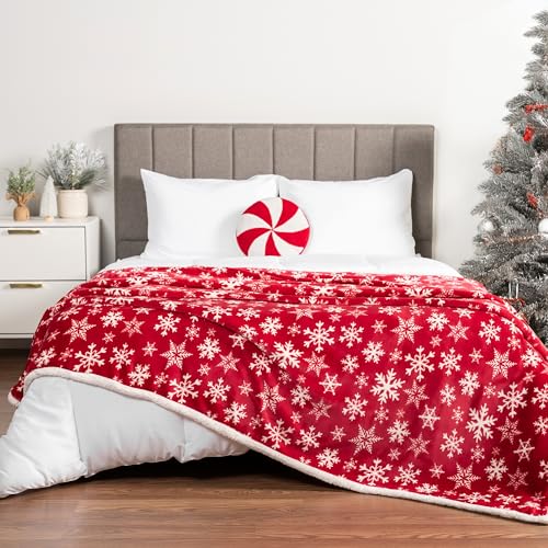 PAVILIA Red Snowflake Christmas Sherpa Throw Blanket Twin Size - Cozy Reversible Fleece & Sherpa, 60x80 Inches
