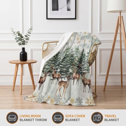 Gift-Forest Deer Blanket 50x60in Green Christmas Tree Elk Throw – All Seasons Flannel