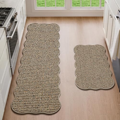 Scalloped Kitchen Rugs and Mats Set, 2-Piece Non-Slip Washable Taupe Rug