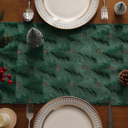 WKJZH Green Christmas Tree Table Runner 13x48 Inch Faux Plush Jacquard Seasonal Decor