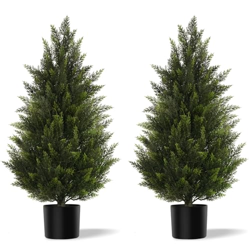 3ft Artificial Cedar Topiary Trees, Set of 2 Faux Pine Shrubs for Porch