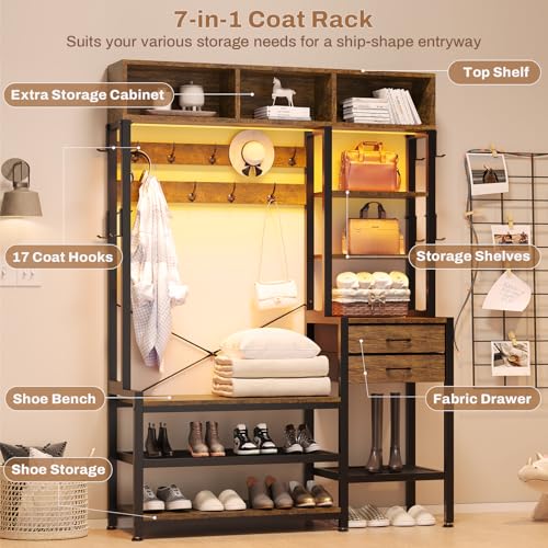 7-in-1 Hall Tree with Bench, Shoe Storage, Coat Rack, and RGB LED Lights