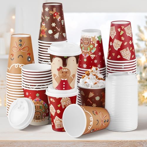Gerrii Gingerbread Man Style 12oz Christmas Paper Cups with Lids - 100 Pack