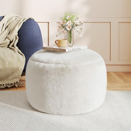 Round Faux Fur Pouf Ottoman, 20-Inch Foam Filled Foot Stool for Living Room
