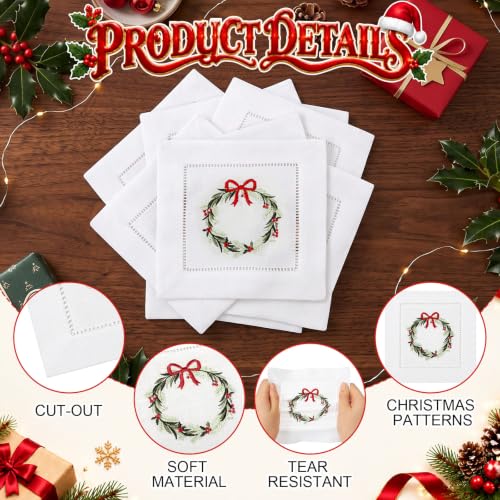 12 Pcs Linen Cocktail Napkins with Hemstitch Christmas Wreath Design - Holiday Table Decor