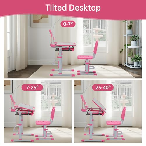 Kids Adjustable Study Desk and Chair Set with LED Lamp and Tilted Desktop