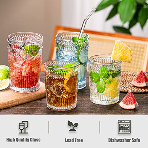 Vintage 12-Piece Glass Drinkware Set - Textured Ribbed Highball & Rocks Glasses for Cocktails & Beverages