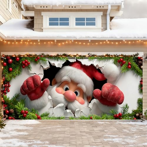 ANNA QUEEN 7x16FT Christmas Garage Door Cover Santa Claus Breaking Through Wall