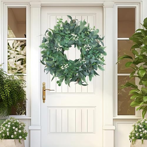 24-26 Inch Eucalyptus Wreath with White Berries for Front Door Decor
