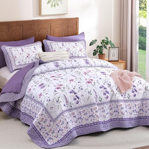 Floral Quilt Set Queen, Purple Flower Bedspread Coverlet for All Seasons