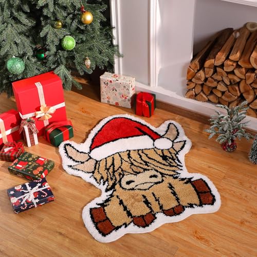 Christmas Highland Cow Rug 35x35 Inch Non Slip Bathroom Mat - Festive Decor