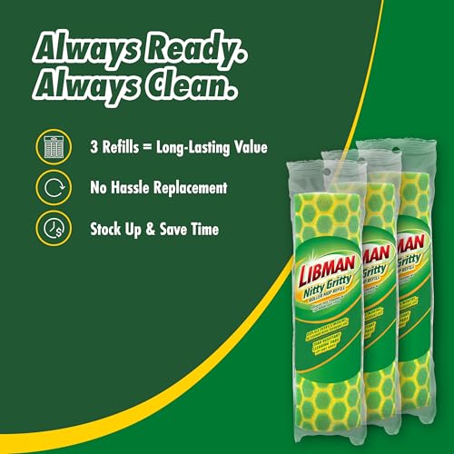 Libman Nitty Gritty Roller Mop Refills | Scrub Mop | Wet Mop | Mops for Floor Cleaning | Sponge Mop | Self Wringing Wood Floor Mop | | 3 Replacement Mop Heads Included