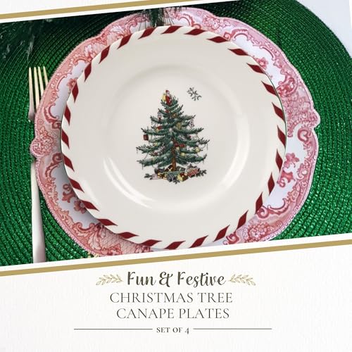 Spode Christmas Tree Canape Plates Set of 4 - Peppermint Border 6.5" Appetizer Plates (Pack of 2)