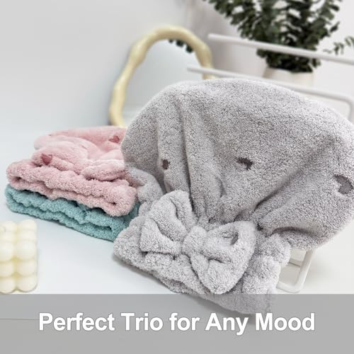 Jseng 3-Pack Microfiber Hair Towels for Women - Dusty Pink, Light Gray, Mint Green - Quick-Drying & Soft Hair Wraps with Bow Design