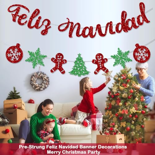 Feliz Navidad Banner, Pre-Strung Christmas Spanish Banner – 9.8 ft Glitter Text