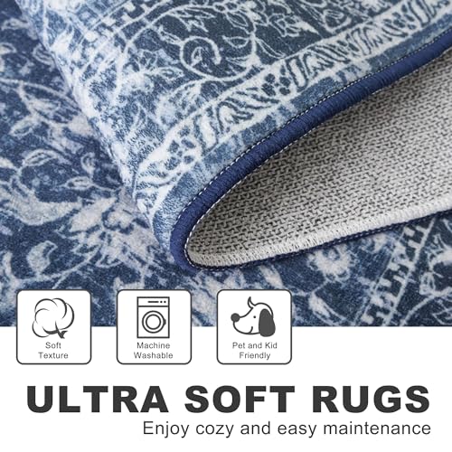 2x6 Floral Washable Runner Rug, Non-Slip Navy Blue Kitchen Hallway Carpet