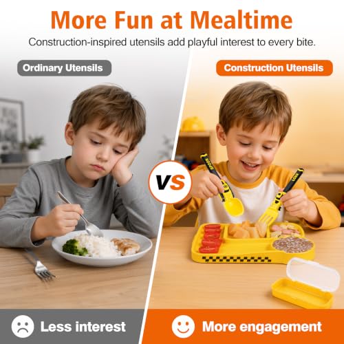 Construction Toddler Utensils Fork and Spoon Set with Storage Case