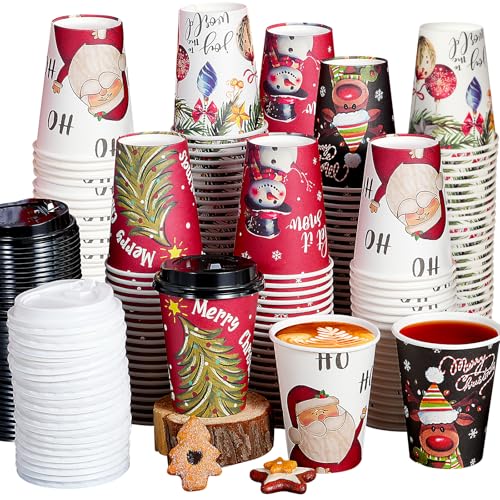 Hallswl 200Pcs 12 oz Christmas Paper Cups with Lids - Santa Snowman Holly Design (40 per pattern)